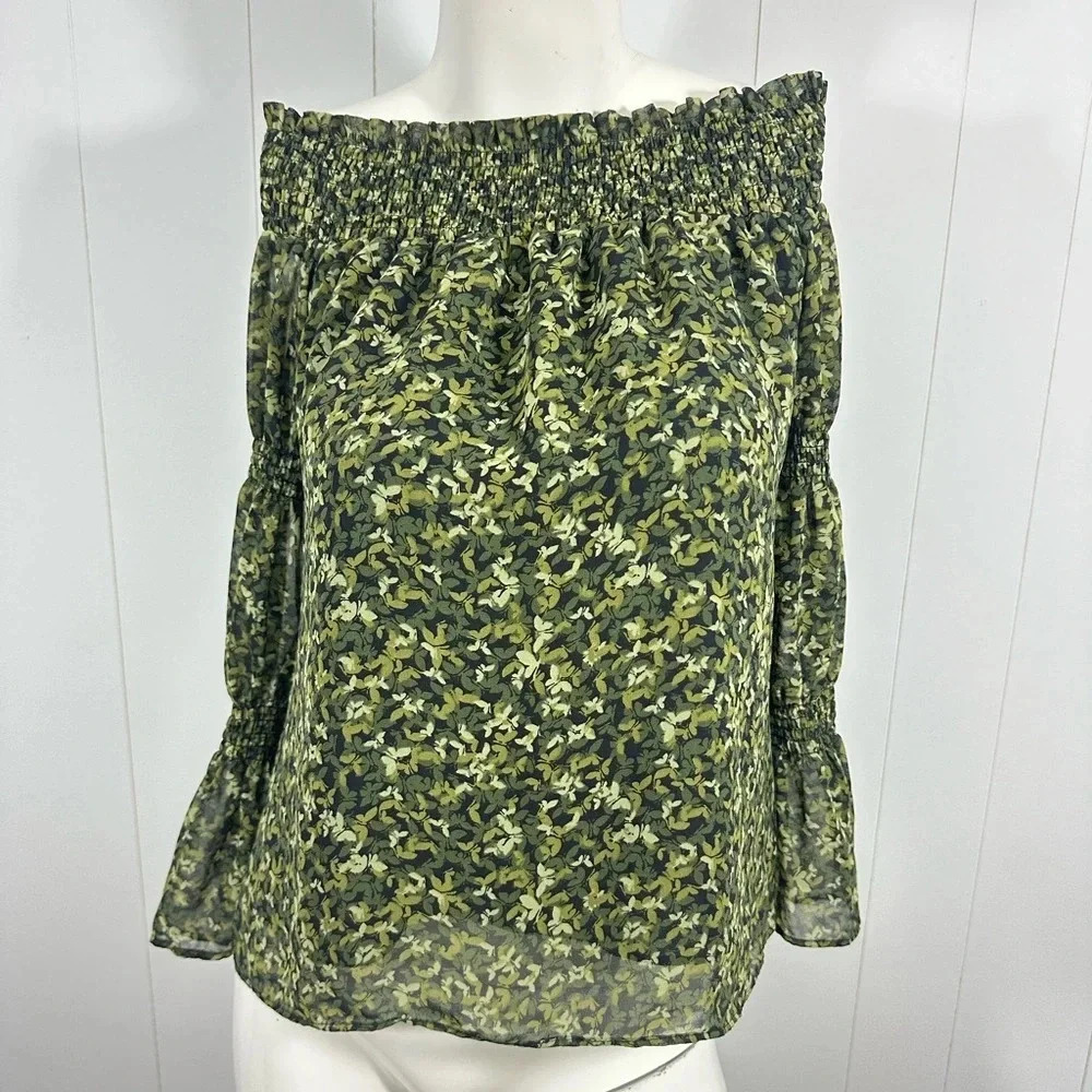 Michael kors green floral top open shoulder - Picture 2 of 5